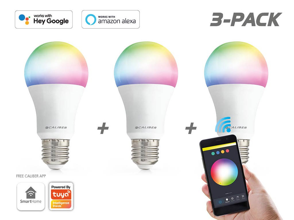 Ensemble de 3 ampoules LED E27 RGB Graduables - 3x ampoules LED A19 Poire  connectées - 850 Lumen - 8 Watts - Avec App (HBT-E27-3PACK) | Caliber, image size:1024x768