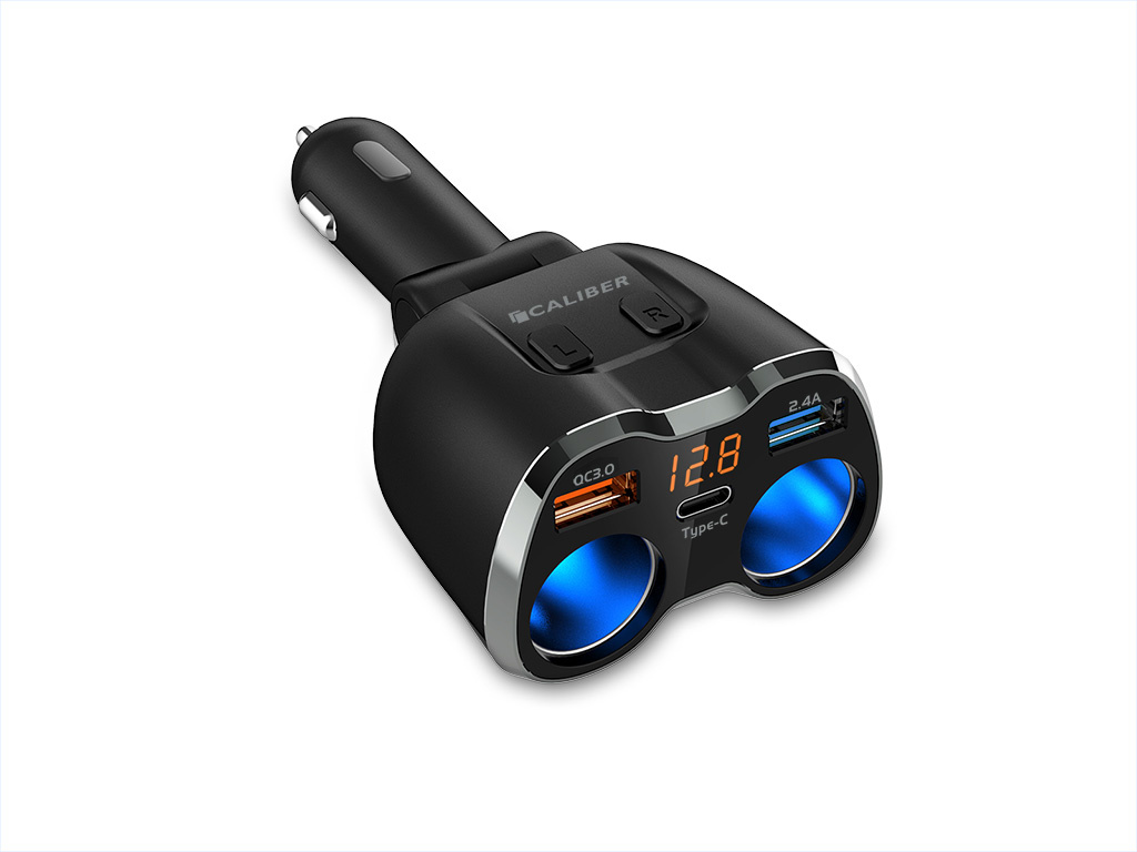 Car Charger Cigarette lighter Splitter 2x USB 1x USB -C 12/24 V  Fast charger (PS23) Caliber