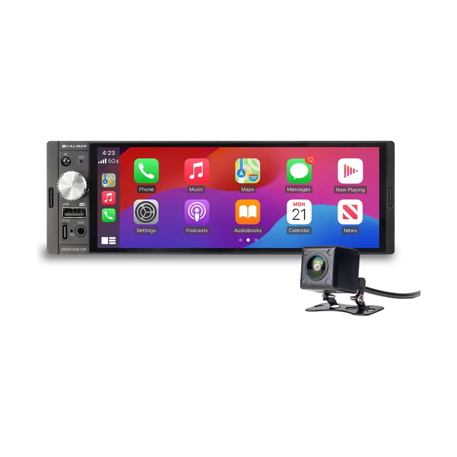 Caliber single-DIN car radio with Apple CarPlay screen and reversing camera