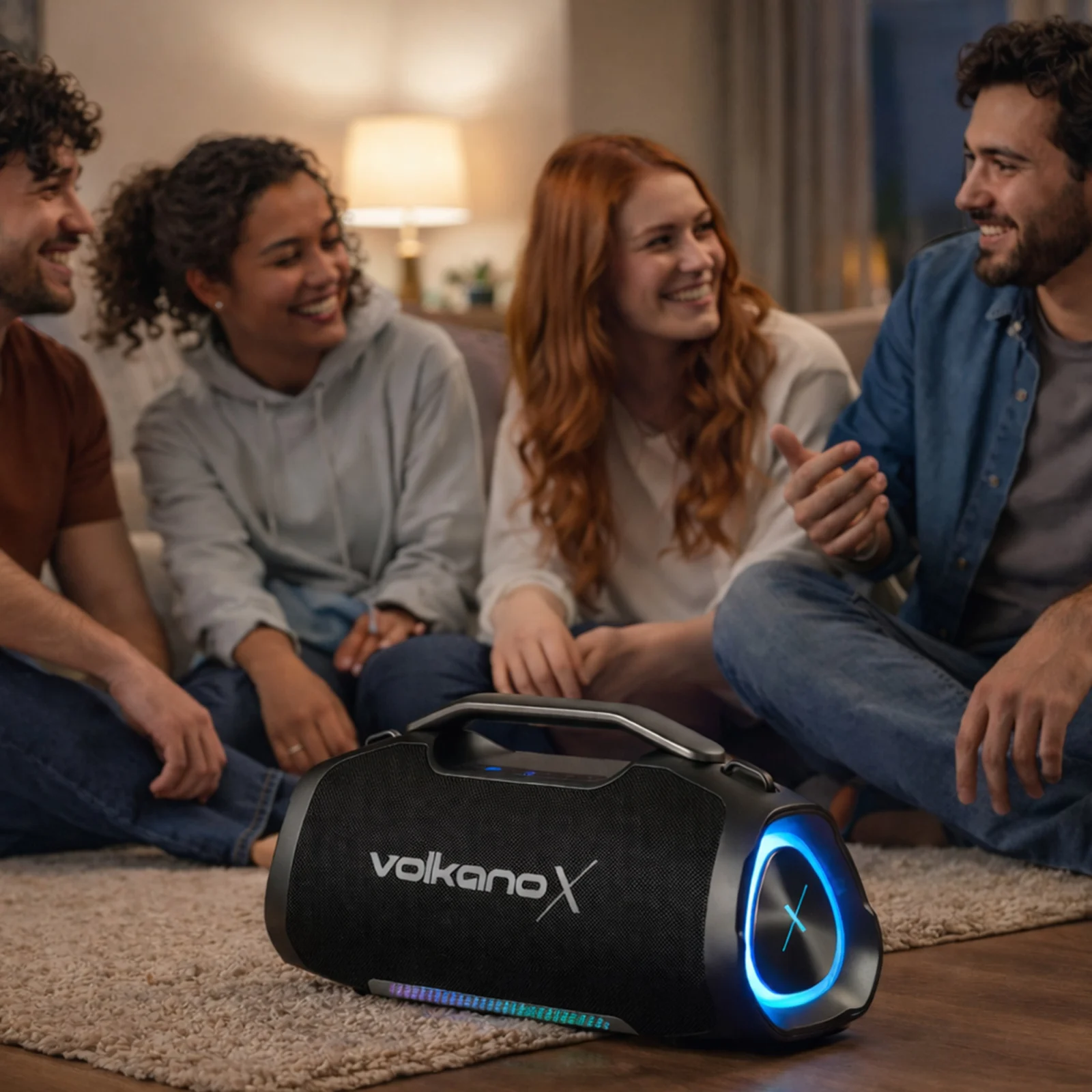 Friends enjoying music with a Volkano speaker